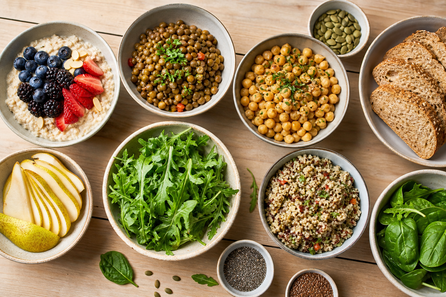Tigelas com alimentos saudáveis e ricos em fibra